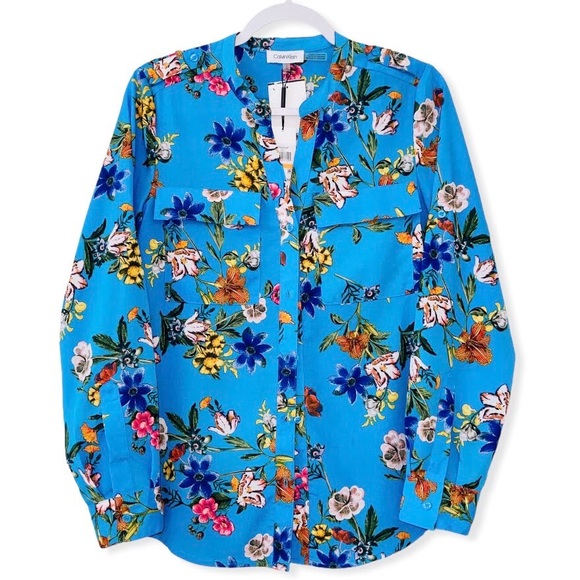 Calvin Klein Georgette Floral Blouse Roll-Sleeves  Pockets Long Sleeve - Picture 1 of 15